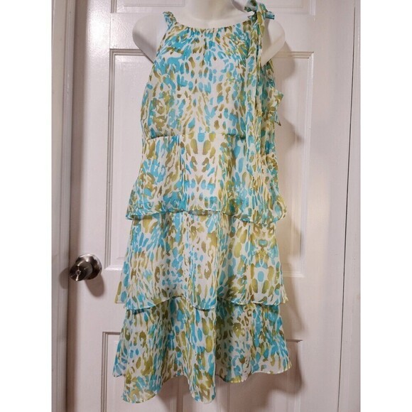 BCBGMaxAzria Blue and Green Animal Print
Tiered Sleeveless Chiffon Midi Dress XL - Picture 6 of 12